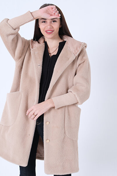 Feminist Gold Düğmeli Kapüşonlu Yün Peluş Kaban Taş 44510388