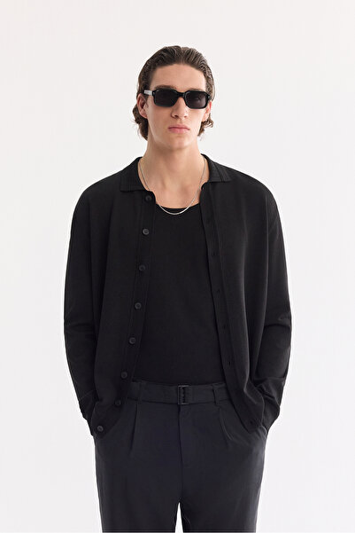 Avva Men's Black Polo Collar Buttoned Rayon Regular Fit Cardigan A61Y5001