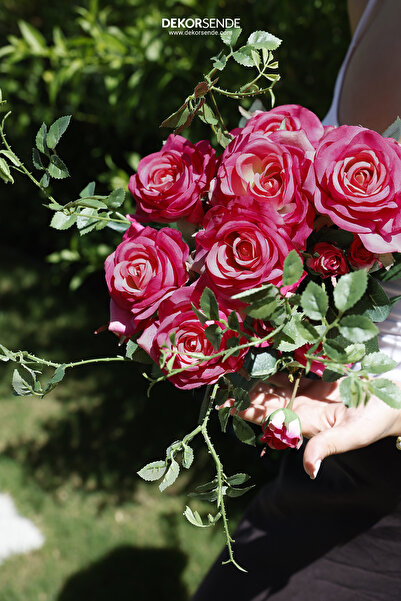 Dekorsende Yapay 3'lü Açmış Gül Dalı Fuşya 64 cm