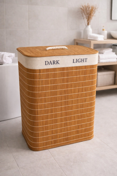 BEYZANA Urbann Bambu Katlanabilir 2 Bölmeli Çamaşır Sepeti Kahve
