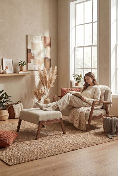 Zem Pavia Çay Seti Ceviz Ahşap, Sütlü Kahve (1 ADET İKİLİ BERJER 1 ADET PUF)