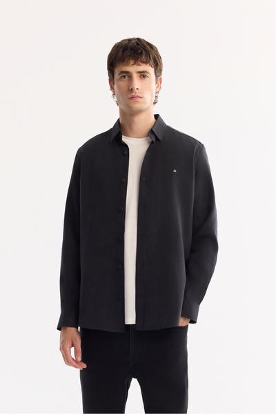 Avva Cămașă pentru bărbați, neagră, cu guler cu nasturi, cu atingere moale, c...