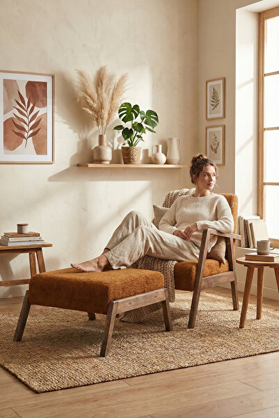 Zem Pavia Çay Seti Ceviz Ahşap, Hardal (1 ADET TEKLİ BERJER 1 ADET PUF)