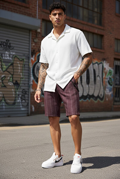 dehaine Pantaloni scurti, pentru barbati, dungi, casual, Burgundia, 13158