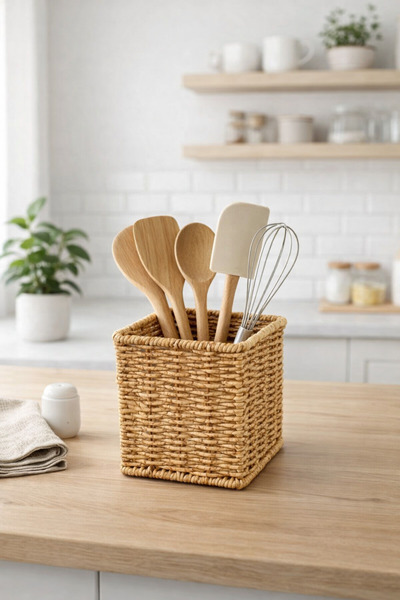 YzHome Wicker Rattan Spoon Holder Organizer Table Countertop Square 11cm