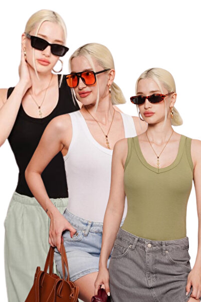 Madmext Black/White/Light Green Deep V-Neck 100% Cotton Basic Women's Tank To...