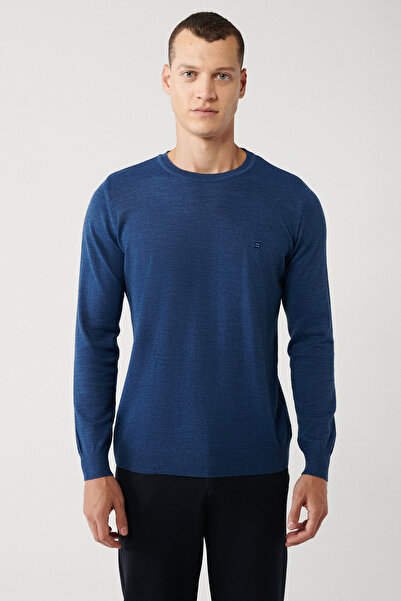 Avva Men's Indigo Crew Neck Wool Blended Knitwear Sweater B 005013