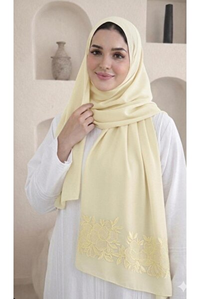 Veil Designer Two-layered lemon yellow hijab with rose embroidery on both end...