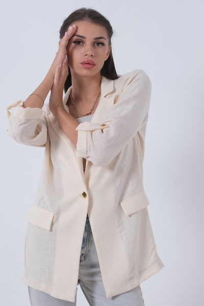 Feminist Kolları Düğme Toparlamalı Keten Ceket Taş 01051361