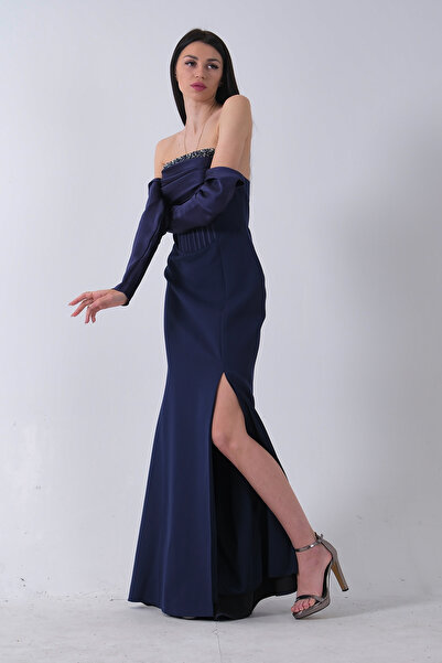 Feminist Göğüs Taş İşleme Detaylı Drapeli Abiye Lacivert 9705446