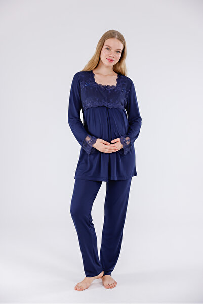 Yulem Homewear Set de pijamale de maternitate din bumbac cu mâneci lungi, alb...