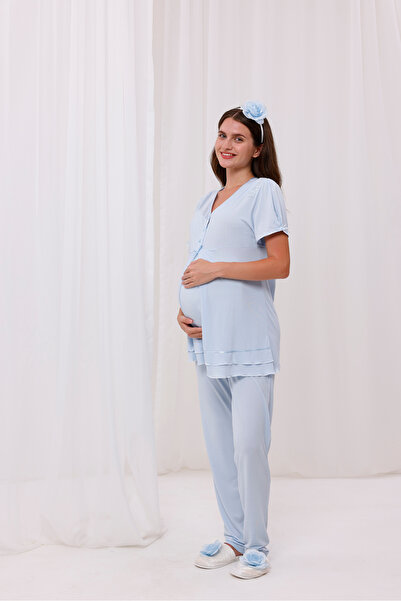 Yulem Homewear Σετ πιτζάμες εγκυμοσύνης με λεπτομέρεια σχεδίασης μπλε κορδέλα...