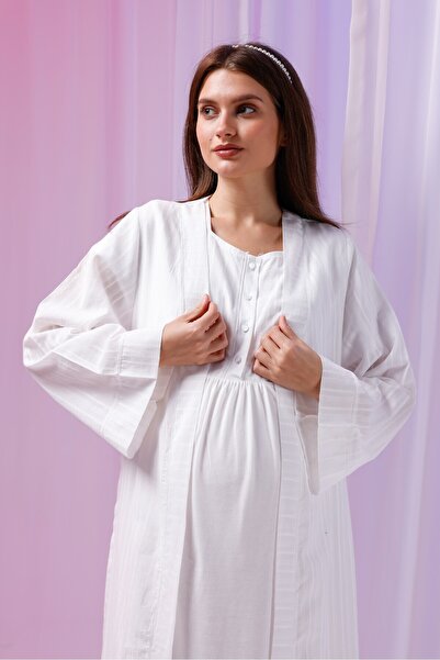 Yulem Homewear Ekru Çizgili Keten Pamuklu Lohusa Hamile Gecelik-Sabahlık 2'li...