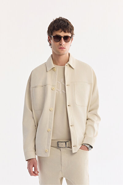 Avva Men's Beige Classic Collar Buttoned Side Pocket Suede Coat A61Y6003