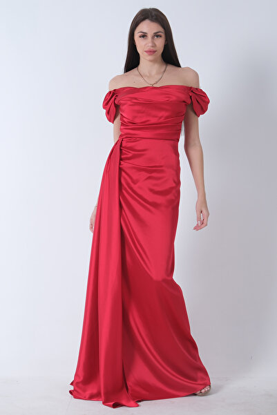 belamore Drape Detaylı Saten Kumaş Abiye Elbise Kırmızı 9704858