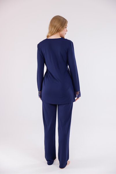 Yulem Homewear Navy Blue Lace Detailed Nursing-Friendly Cotton Maternity Pajama Set