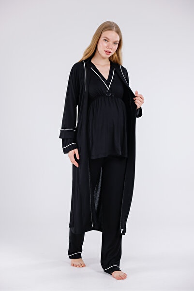 Yulem Homewear Siyah Biyeli Tasarım Pamuklu Uzun Kollu Lohusa Hamile Sabahlık...