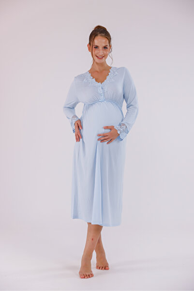 Yulem Homewear Νυχτικό εγκυμοσύνης από βαμβάκι με μπλε δαντέλα με λεπτομέρειε...