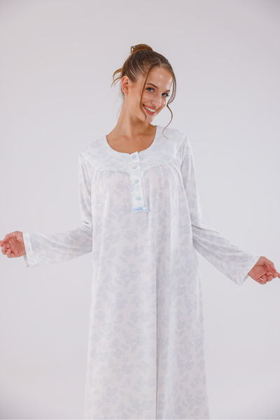 Yulem Homewear Cămașă de noapte din bumbac cu mânecă lungă, cu model albastru...