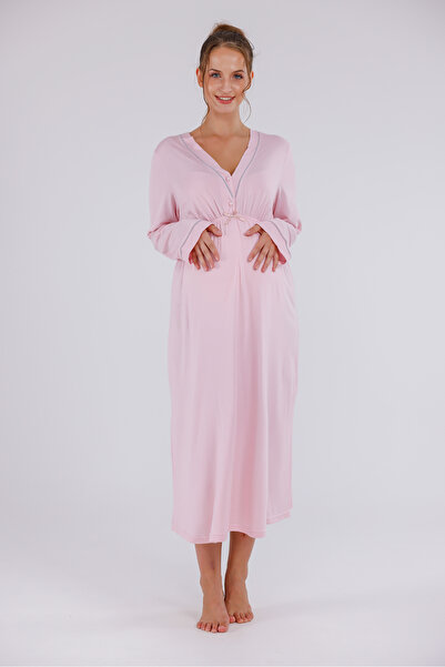 Yulem Homewear قميص نوم قطني للحوامل بأكمام طويلة وتفاصيل من الدانتيل