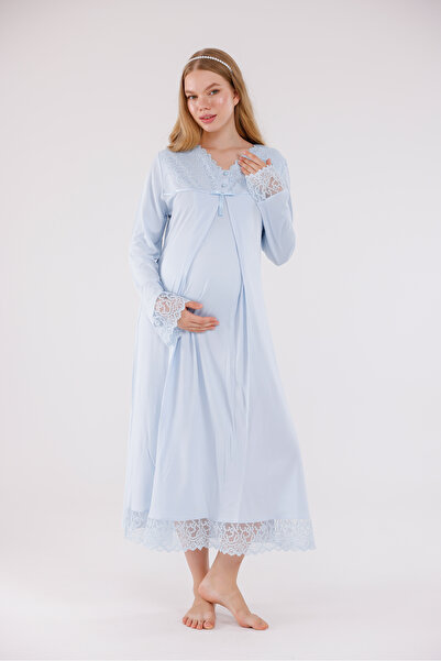 Yulem Homewear Μπλε Ειδικό Σχέδιο Δαντελωτό Βαμβακερό Νυχτικό-Παντελόνι εγκυμ...