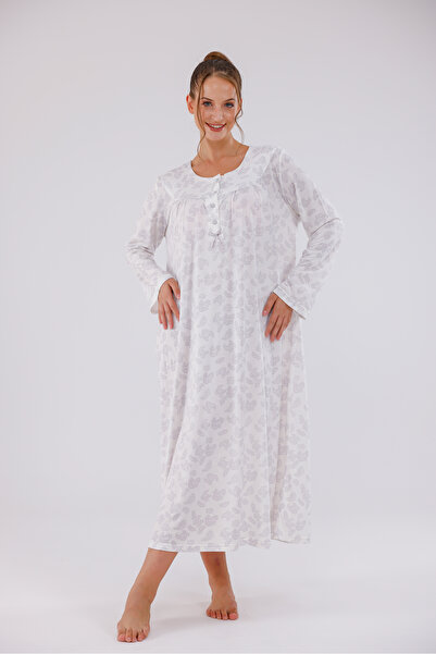 Yulem Homewear قميص نوم قطني طويل الأكمام بنقشة رمادية مقاس كبير (بلاس سايز)