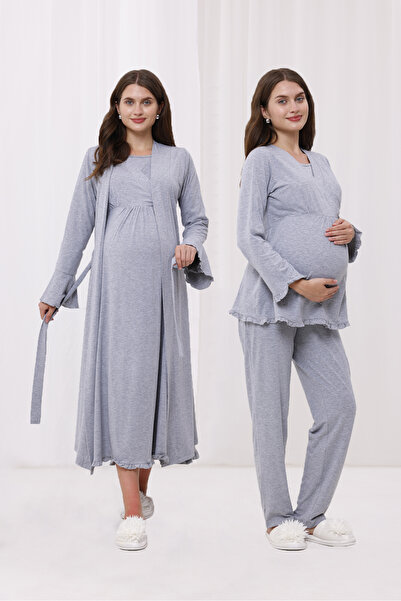 Yulem Homewear Gri Kruvaze Pamuklu Uzun Kollu Lohusa Hamile Sabahlık Pijama T...