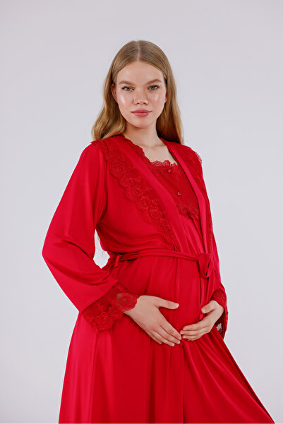 Yulem Homewear طقم ملابس نوم للحوامل من فيشني، قطن بأكمام طويلة مع دانتيل، طق...