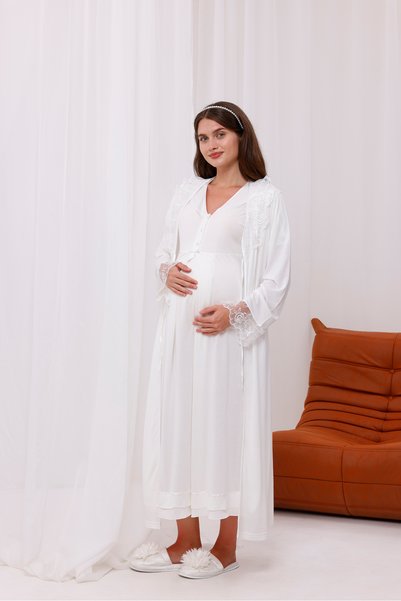 Yulem Homewear Ecru Lace Detailed Long Dressing Gown Maternity Nightgown-Dressing Gown Set of 2