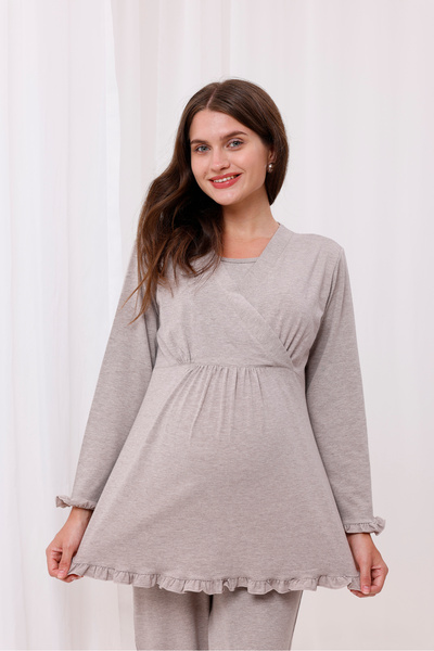 Yulem Homewear Beige Wrap-Around Long Robe with Nursing Feature, Maternity and Postpartum Pajama Set, 3-Piece Set