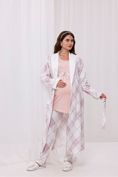 Yulem Homewear Set de pijamale din 3 piese din bumbac cu model în carouri pud...