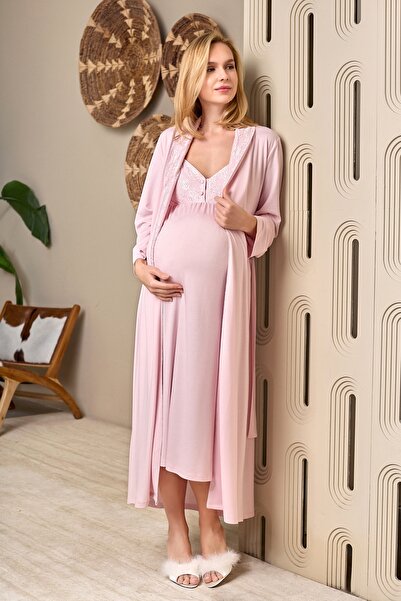 Yulem Homewear طقم من قطعتين: ثوب نوم قطني للحوامل بياقة دانتيل وحزام رفيع وش...