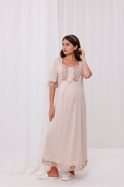 Yulem Homewear Νυχτικό εγκυμοσύνης με μπεζ δαντέλα στα μανίκια και στο λαιμό