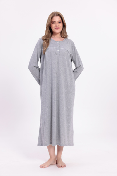 Yulem Homewear Women's Gray Piped Cotton Long Sleeve Plus Size (Oversize) Nightgown