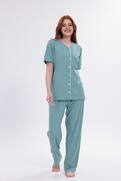 Yulem Homewear Γυναικεία πράσινη βαμβακερή κοντομάνικη πιτζάμα με κουμπιά μπρ...