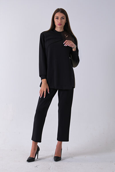 Feminist Bileği Lastikli Tunik Üzeri Detaylı Pantolonlu Takım Siyah 4577260