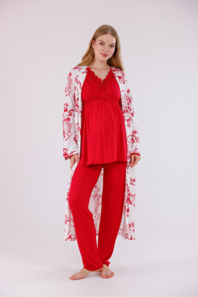 Yulem Homewear Red Patterned Lace Detailed Design Full Length Maternity Pajam...