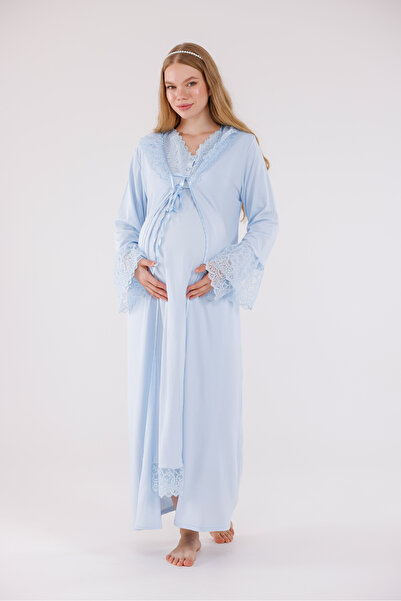 Yulem Homewear Μπλε Ειδικό Σχέδιο Δαντελωτό Βαμβακερό Νυχτικό-Παντελόνι εγκυμ...