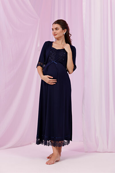 Yulem Homewear Lacivert Kol ve Yaka Dantelli Tasarım Lohusa Hamile Gecelik