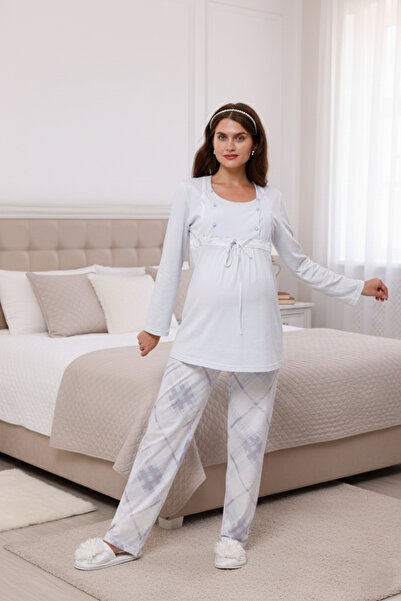 Yulem Homewear Set de pijamale de maternitate din bumbac cu model în carouri ...