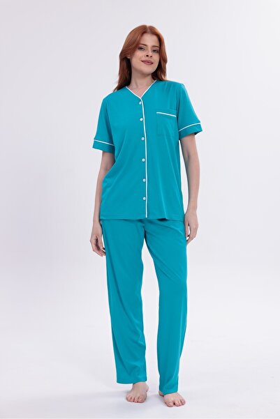 Yulem Homewear Women's Turquoise Ribbed Front Buttoned Cotton Short Sleeve Pa...