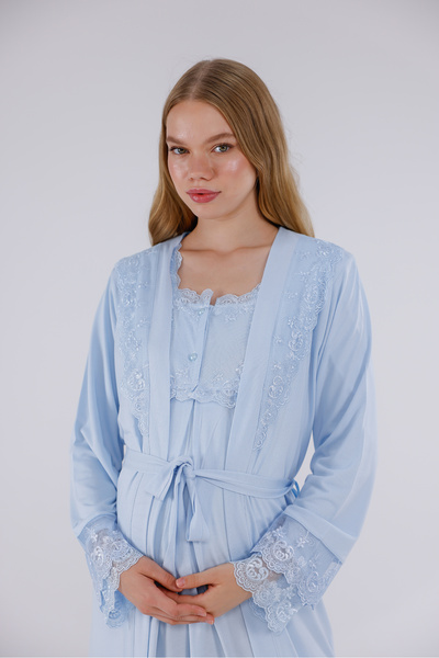 Yulem Homewear Μπλε ειδικό νυχτικό εγκυμοσύνης με μακρυμάνικο βαμβακερό νυχτι...