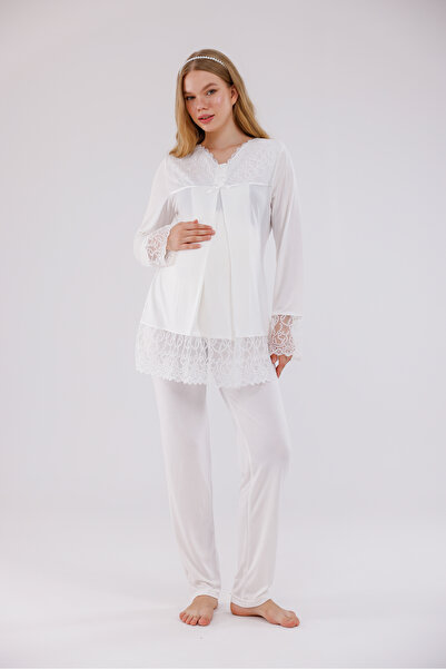 Yulem Homewear Ekru Özel Dantelli Tasarım Pamuklu Tam Boy Sabahlıklı Lohusa H...