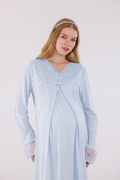 Yulem Homewear Μπλε νυχτικό εγκυμοσύνης με ειδικό σχέδιο δαντέλας με δυνατότη...