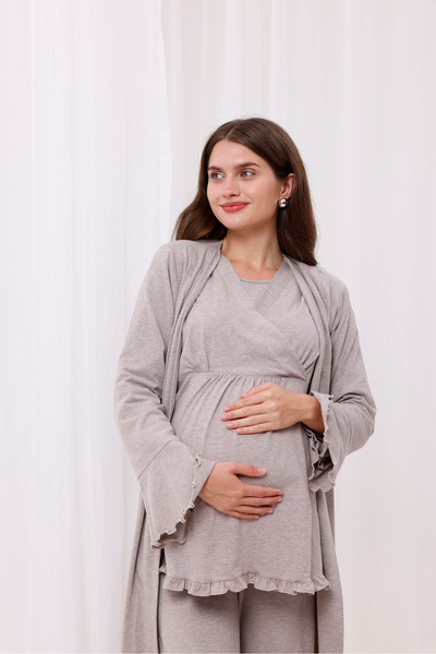 Yulem Homewear طقم بيجاما طويل مزدوج الصدر للحمل والرضاعة الطبيعية مكون من 3 قطع