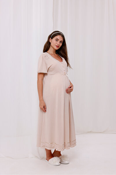 Yulem Homewear Bej Dantel Detaylı Uzun Sabahlıklı Lohusa Hamile Gecelik-Sabah...