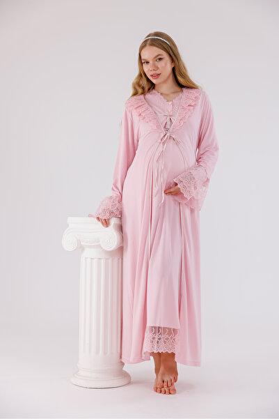 Yulem Homewear Двукомпонентен комплект от памучна нощница и халат в цвят прас...