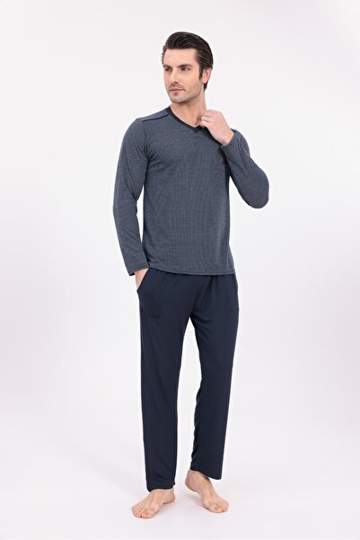 Yulem Homewear Men's Navy Blue V-Neck Long Sleeve Cotton Men's Pajama Set