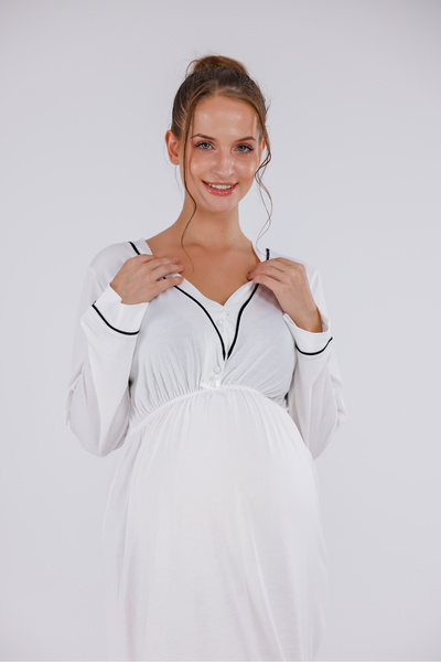 Yulem Homewear Cămașă de noapte pentru gravide din bumbac cu mâneci lungi Ecr...