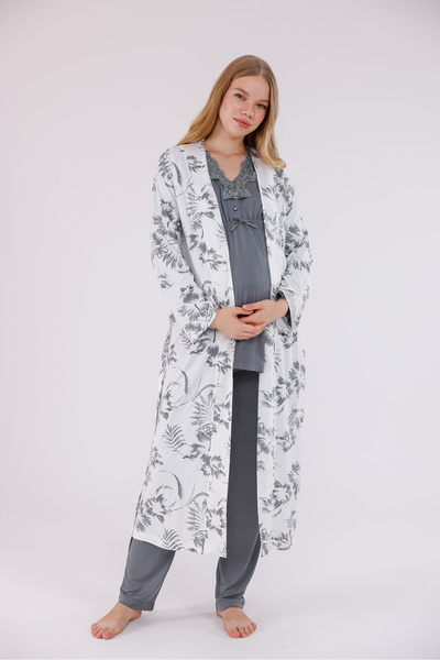 Yulem Homewear Set de pijamale pentru maternitate din 3 piese, cu design cu d...